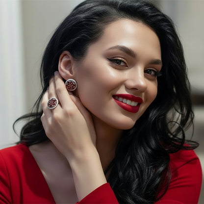 GRACE Red Garnet Round Cluster Earrings Ring Set in Sterling Silver