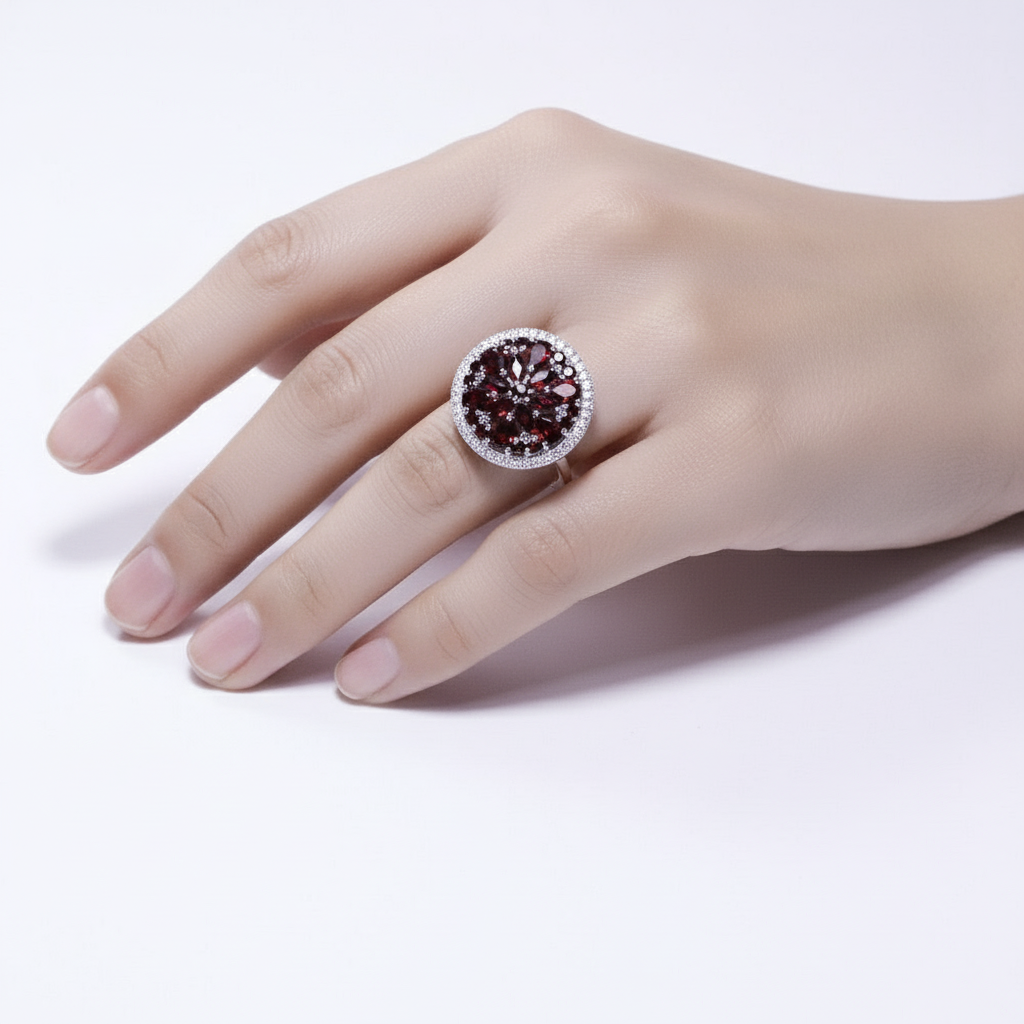 GRACE Red Garnet Round Cluster Earrings Ring Set in Sterling Silver