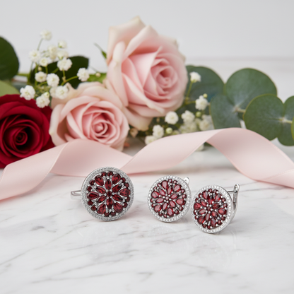GRACE Red Garnet Round Cluster Earrings Ring Set in Sterling Silver