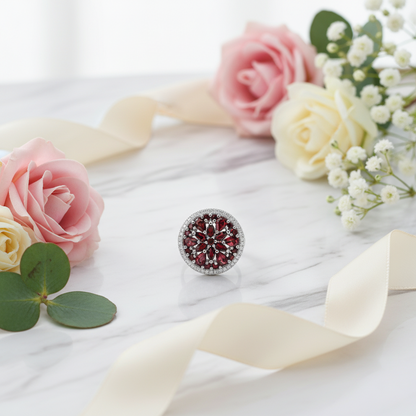 GRACE Red Garnet Round Cluster Earrings Ring Set in Sterling Silver