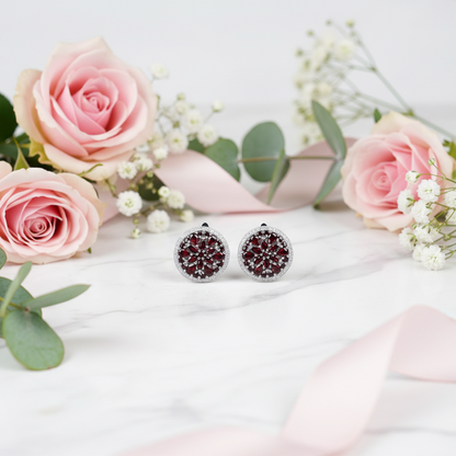 GRACE Red Garnet Round Cluster Earrings Ring Set in Sterling Silver