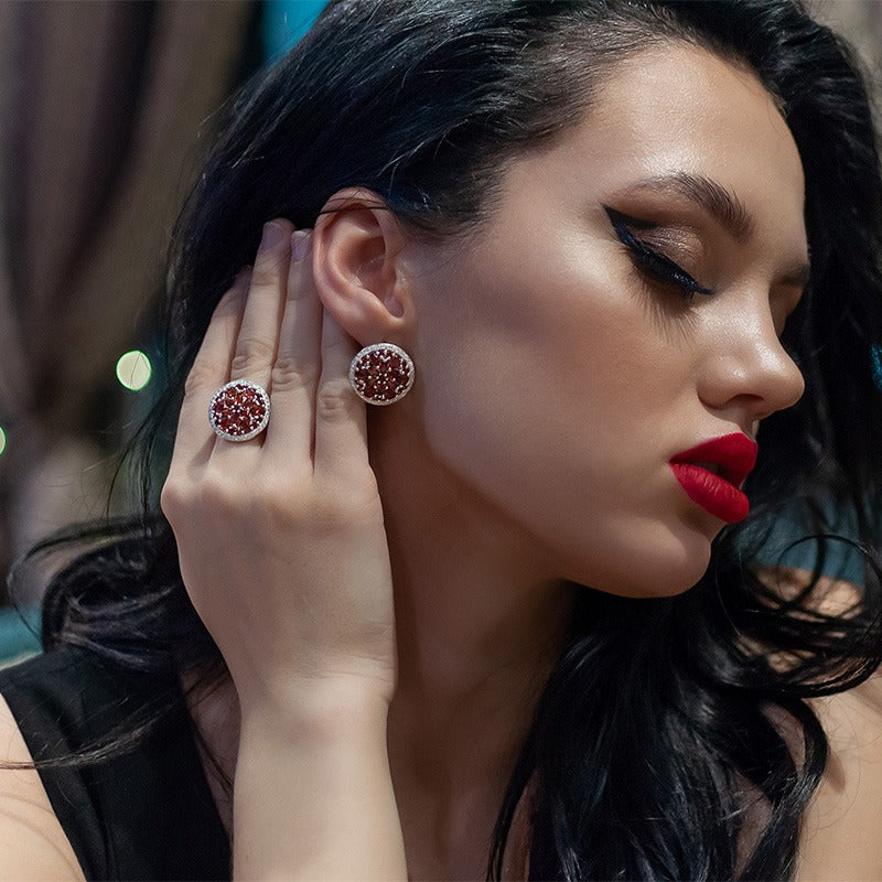 Conjunto de pendientes y anillos con granate rojo GRACE en plata de ley