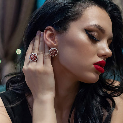 Conjunto de pendientes y anillos con granate rojo GRACE en plata de ley