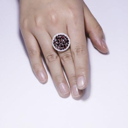 Conjunto de pendientes y anillos con granate rojo GRACE en plata de ley