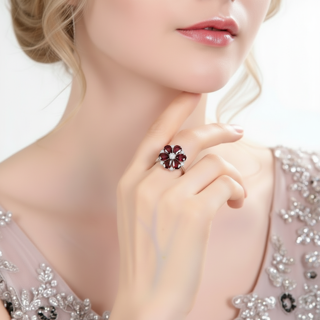 GRACE Red Garnet Vintage Flower Ring in Sterling Silver