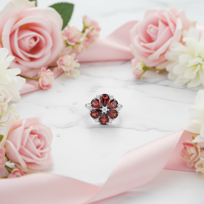 GRACE Red Garnet Vintage Flower Ring in Sterling Silver