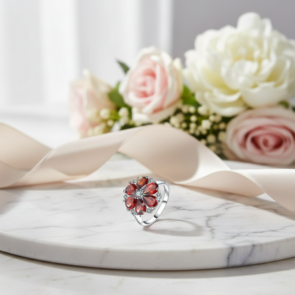 GRACE Red Garnet Vintage Flower Ring in Sterling Silver
