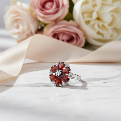 GRACE Red Garnet Vintage Flower Ring in Sterling Silver