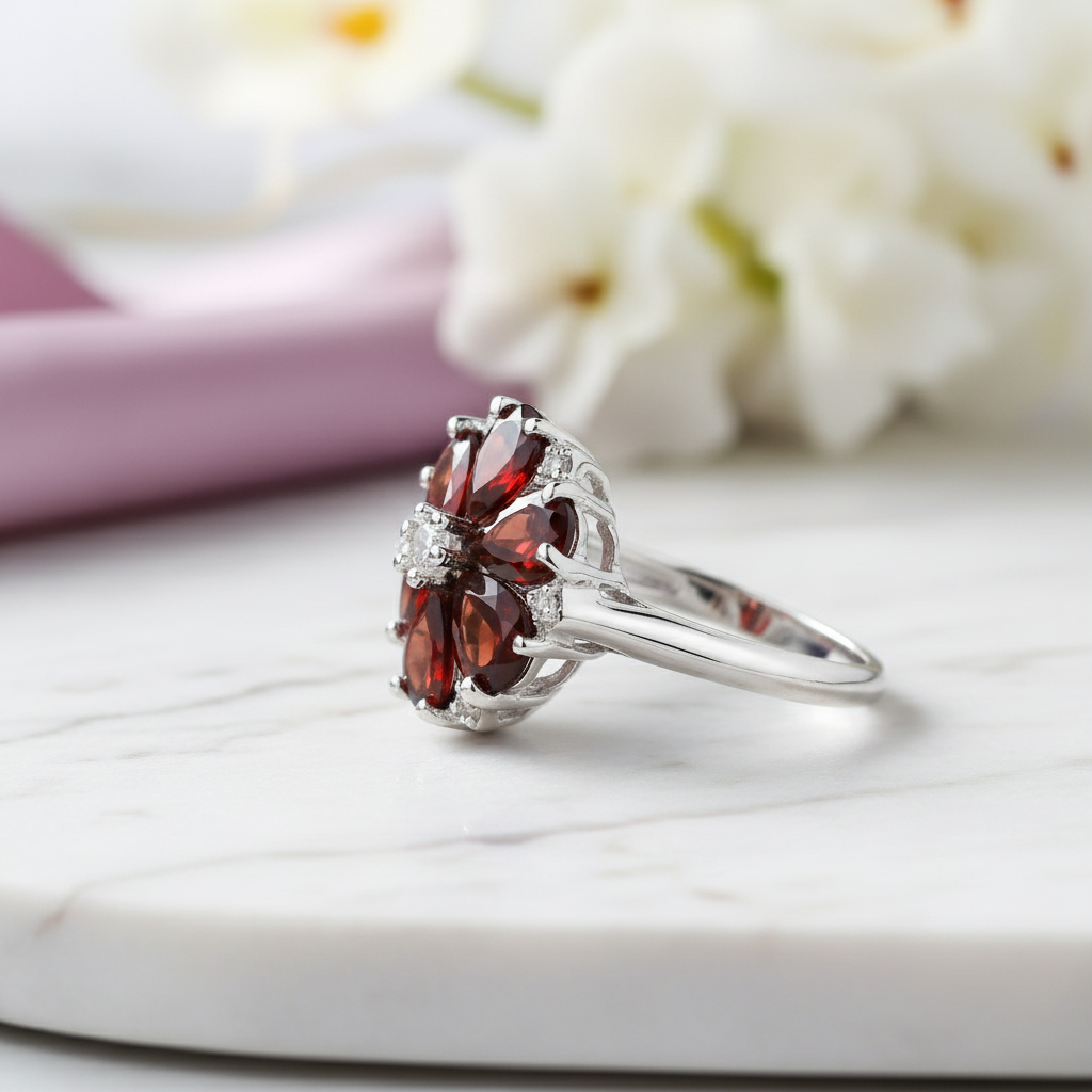 GRACE Red Garnet Vintage Flower Ring in Sterling Silver