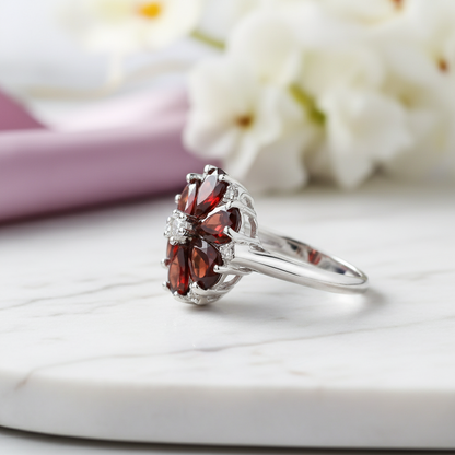 GRACE Red Garnet Vintage Flower Ring in Sterling Silver