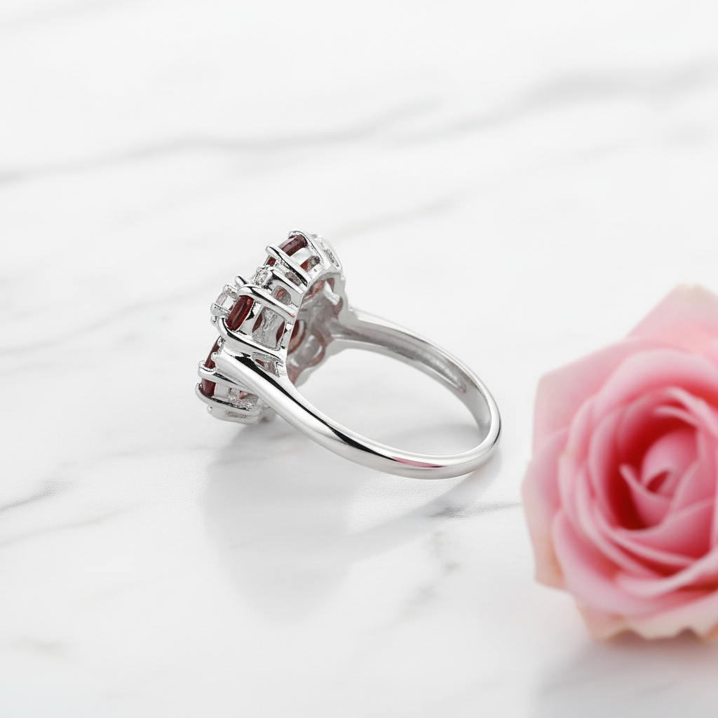 GRACE Red Garnet Vintage Flower Ring in Sterling Silver