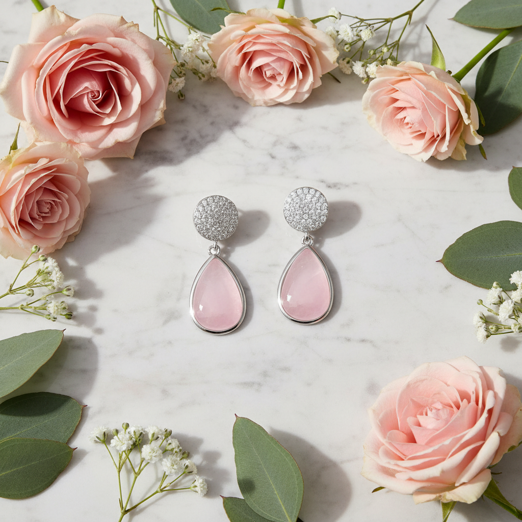 GRACE Rose Quartz CZ Drop Earrings in Sterling Silver