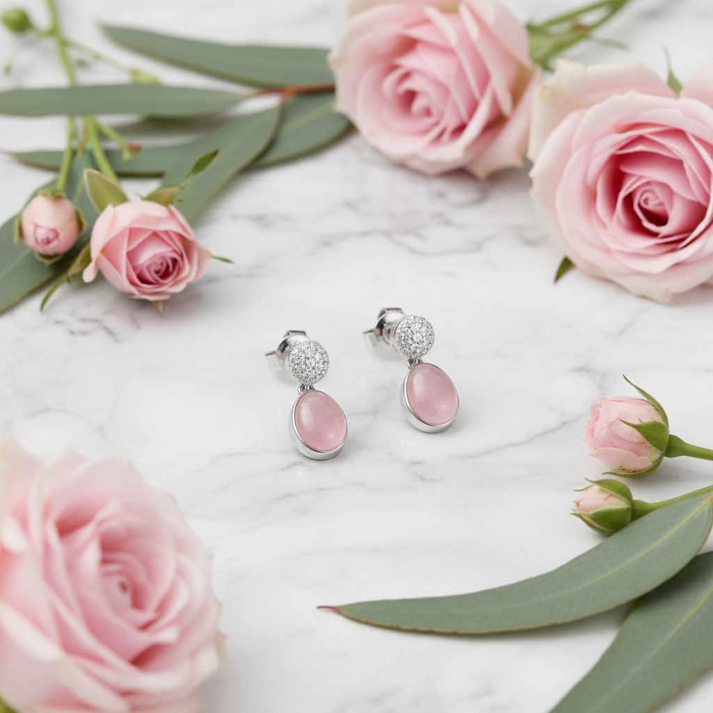 GRACE Rose Quartz CZ Drop Earrings in Sterling Silver