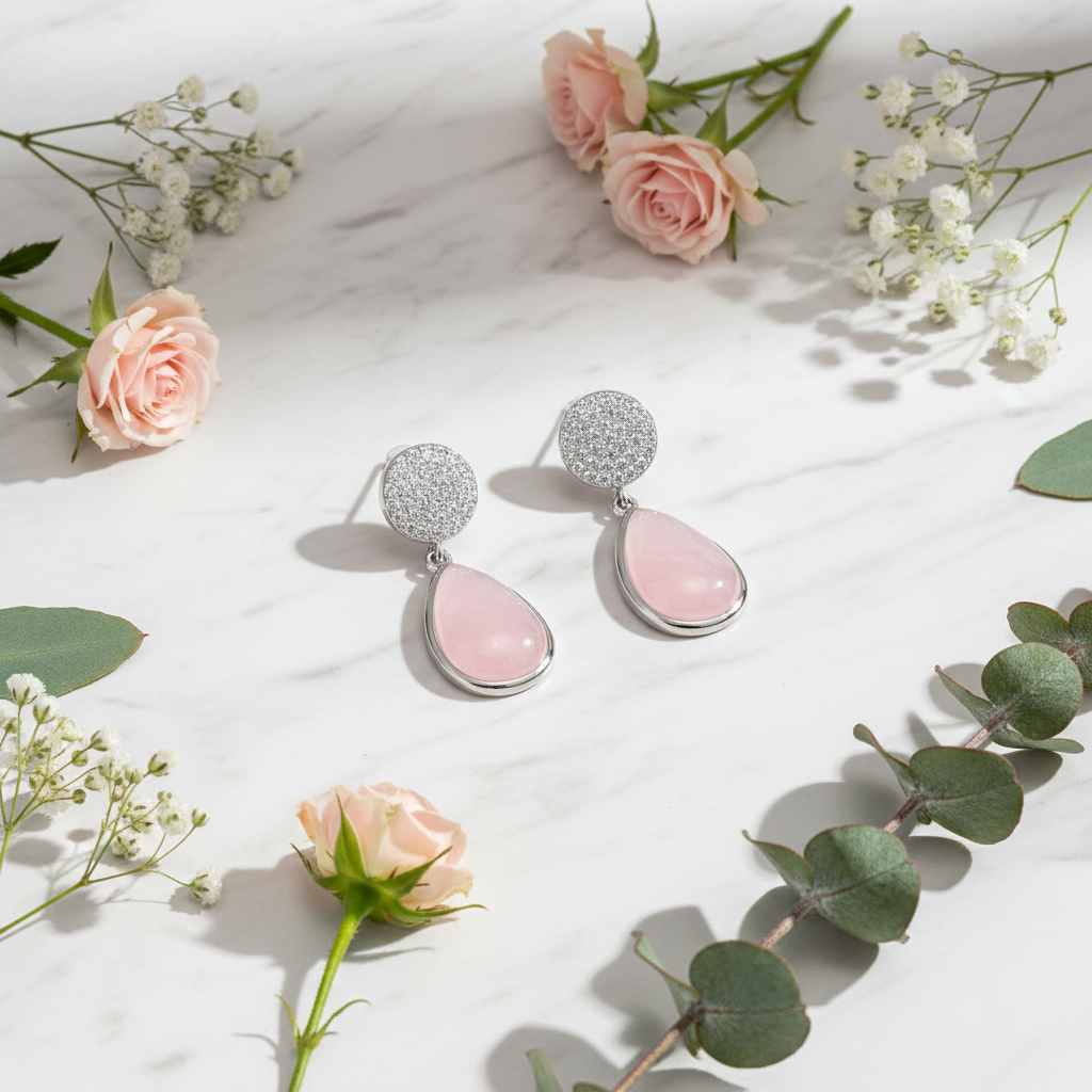 GRACE Rose Quartz CZ Drop Earrings in Sterling Silver