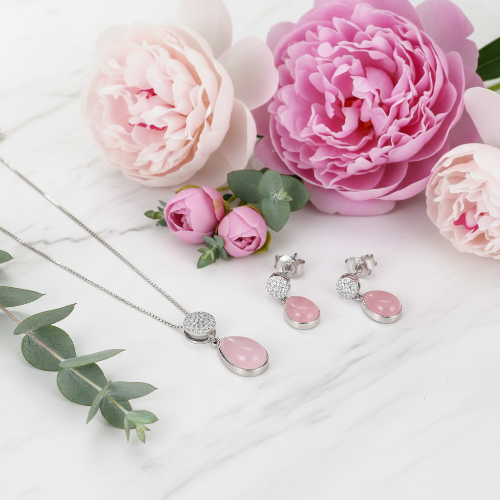 GRACE Rose Quartz CZ Pendant Necklace in Sterling Silver