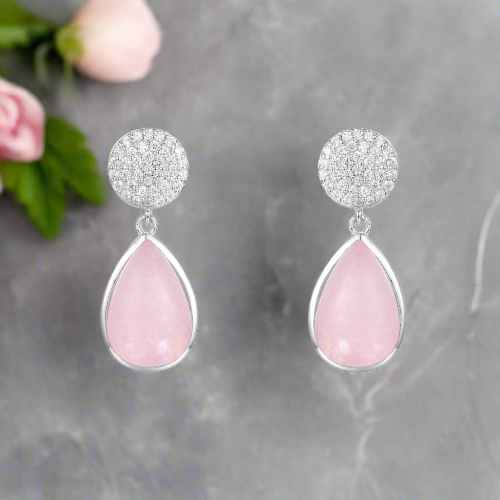 GRACE Rose Quartz CZ Drop Earrings in Sterling Silver
