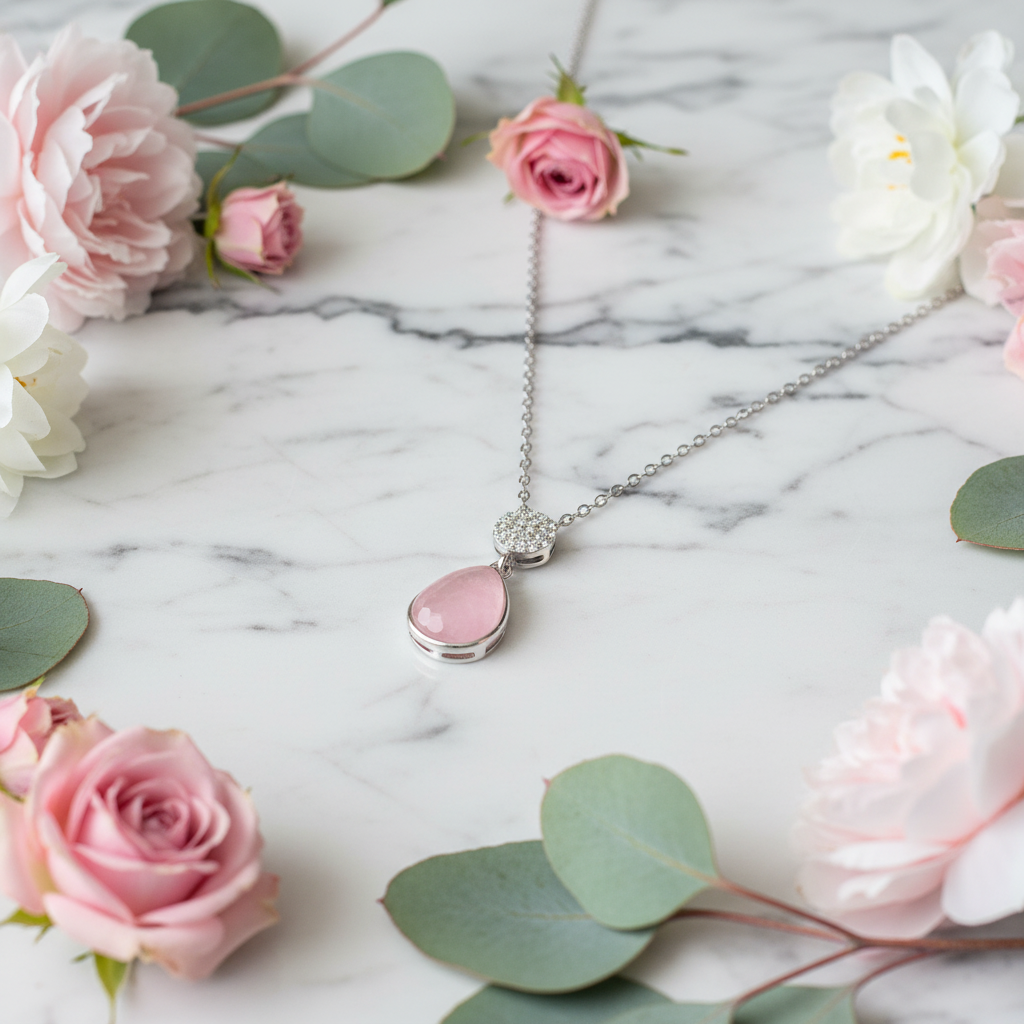 GRACE Rose Quartz CZ Pendant Necklace in Sterling Silver