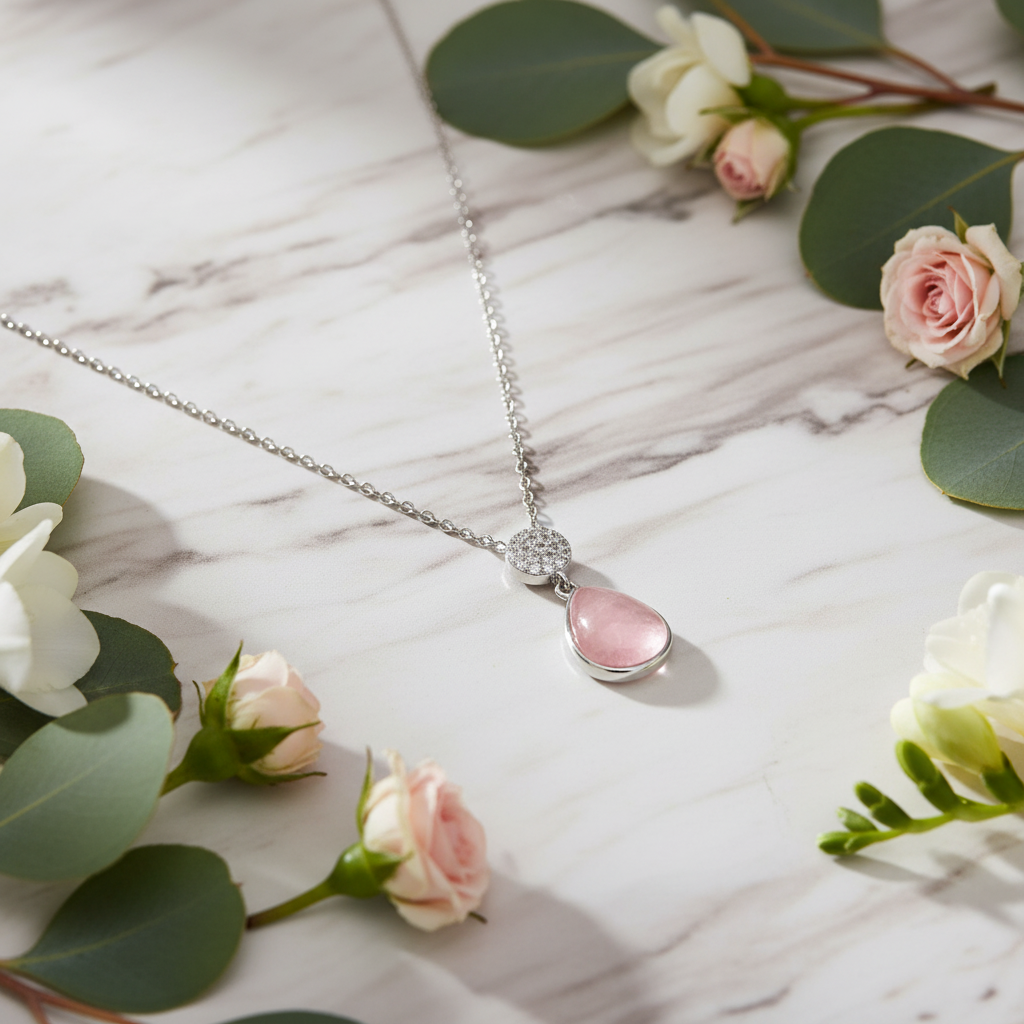 GRACE Rose Quartz CZ Pendant Necklace in Sterling Silver