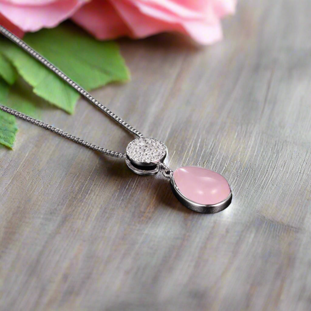 GRACE Rose Quartz CZ Pendant Necklace in Sterling Silver