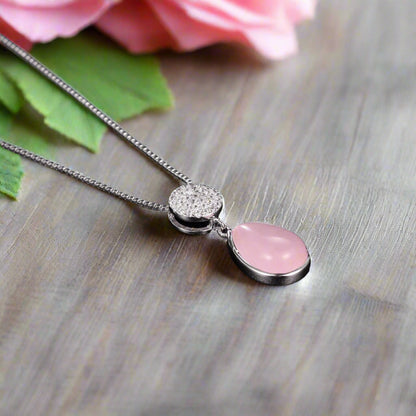 GRACE Rose Quartz CZ Pendant Necklace in Sterling Silver