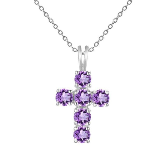 GRACE Round Amethyst Cross Pendant Necklace in Sterling Silver
