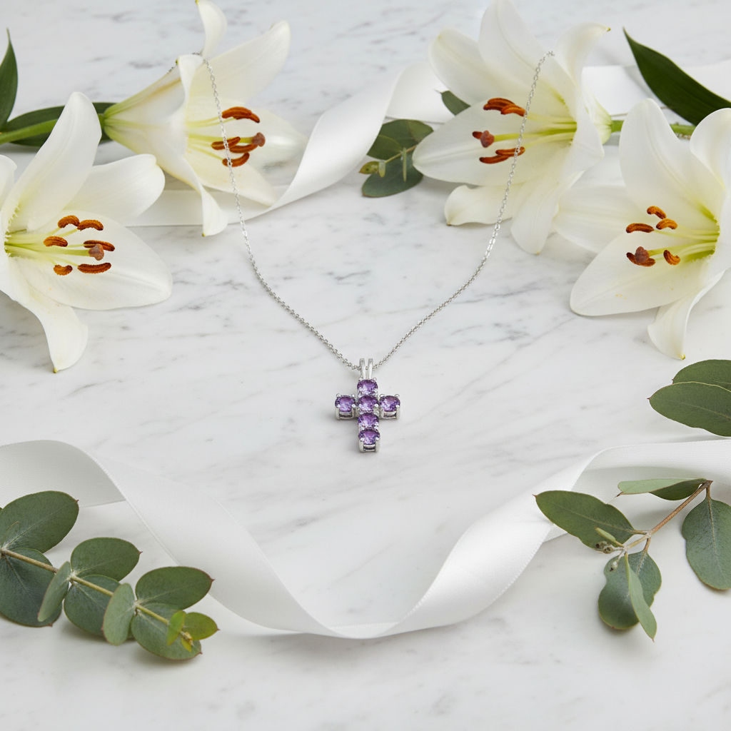 GRACE Round Gemstone Cross Pendant Necklace in Sterling Silver
