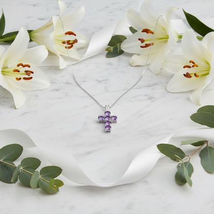 GRACE Round Gemstone Cross Pendant Necklace in Sterling Silver