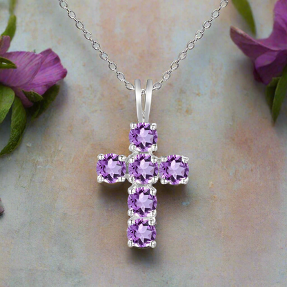 GRACE Round Gemstone Cross Pendant Necklace in Sterling Silver