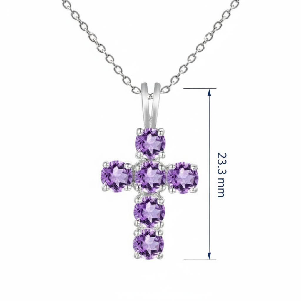 GRACE Round Amethyst Cross Pendant Necklace in Sterling Silver