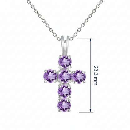 GRACE Round Amethyst Cross Pendant Necklace in Sterling Silver