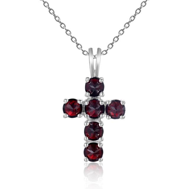 GRACE Round Gemstone Cross Pendant Necklace in Sterling Silver