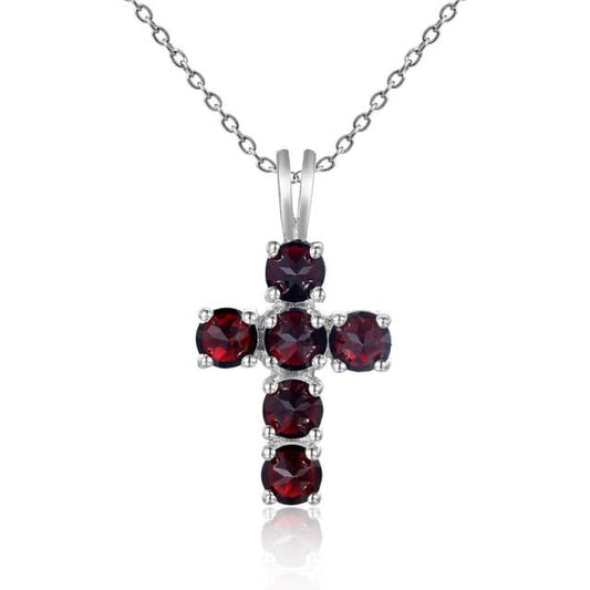 GRACE Round Black Garnet Cross Pendant Necklace in Sterling Silver