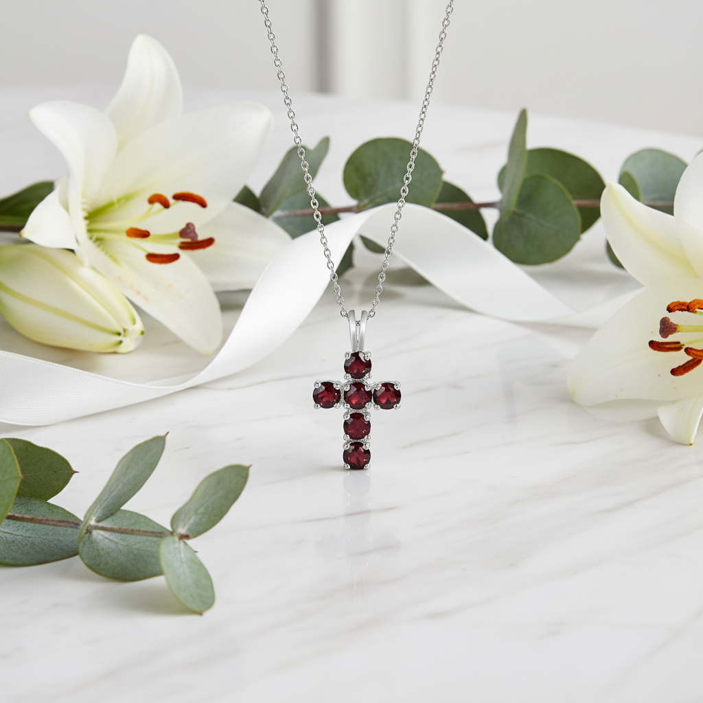 GRACE Round Gemstone Cross Pendant Necklace in Sterling Silver