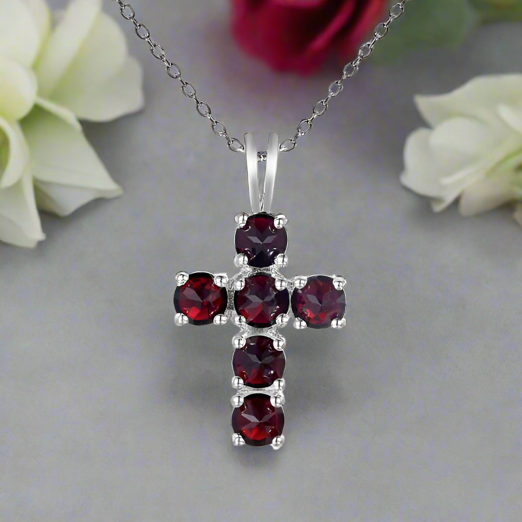 GRACE Round Gemstone Cross Pendant Necklace in Sterling Silver
