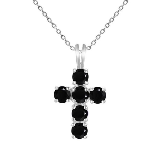 GRACE Round Black Sapphire Cross Pendant Necklace in Sterling Silver