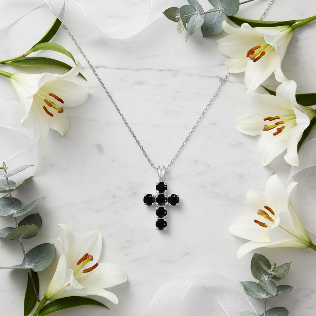 GRACE Round Gemstone Cross Pendant Necklace in Sterling Silver