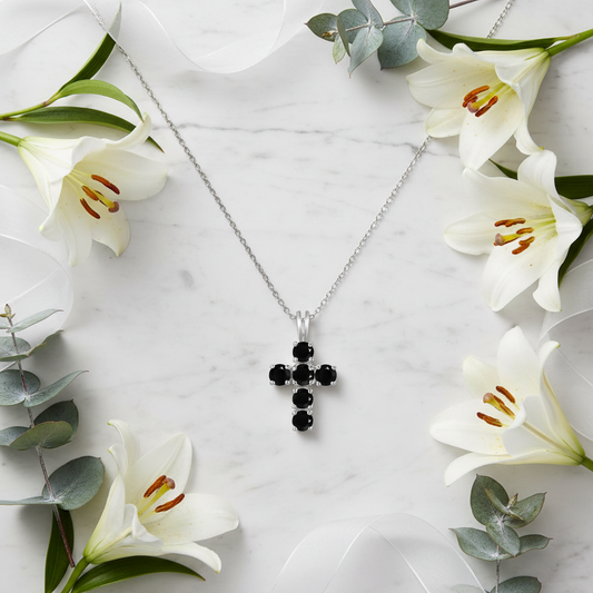 GRACE Round Black Sapphire Cross Pendant Necklace in Sterling Silver