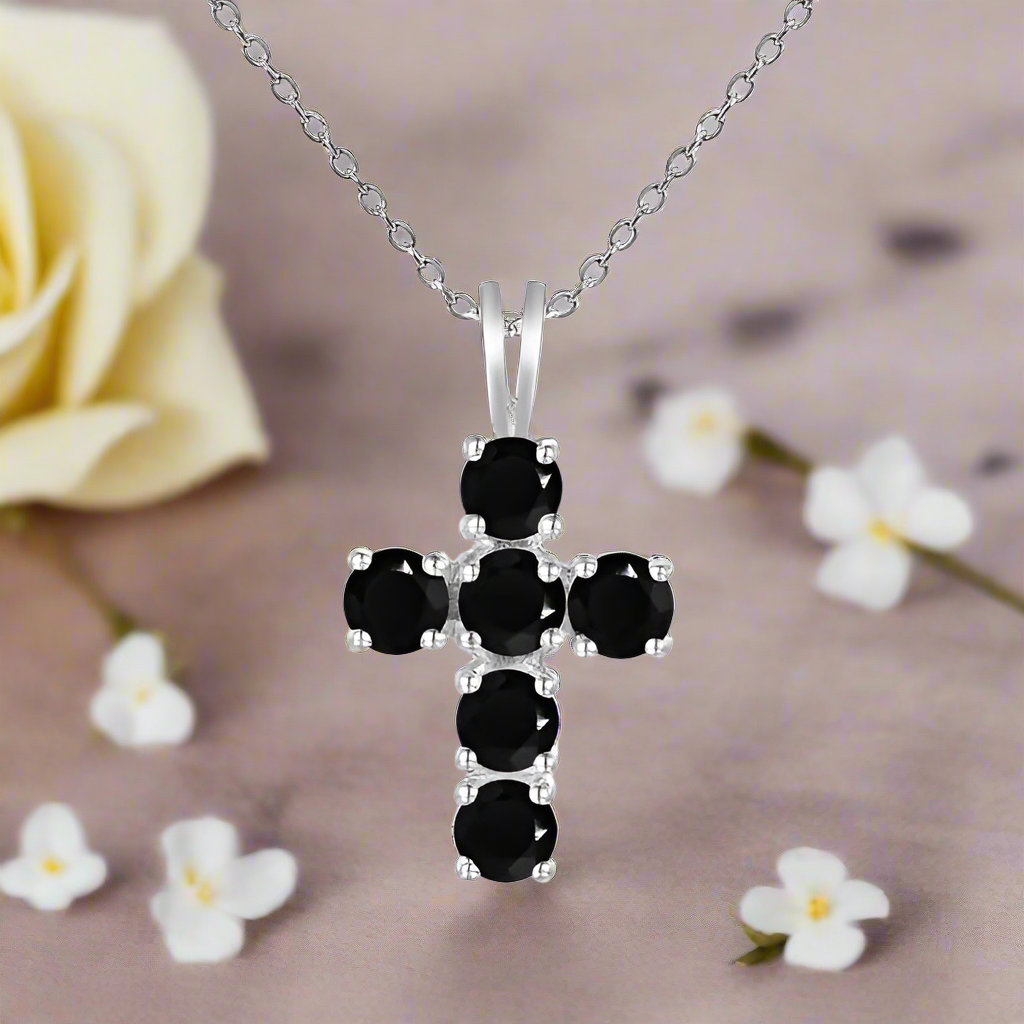 GRACE Round Gemstone Cross Pendant Necklace in Sterling Silver