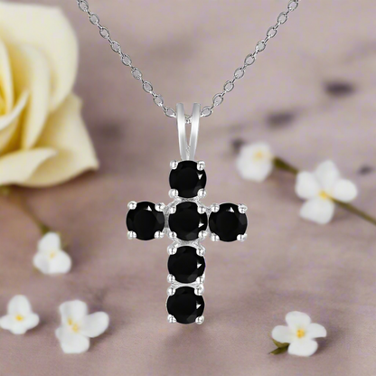 GRACE Round Gemstone Cross Pendant Necklace in Sterling Silver
