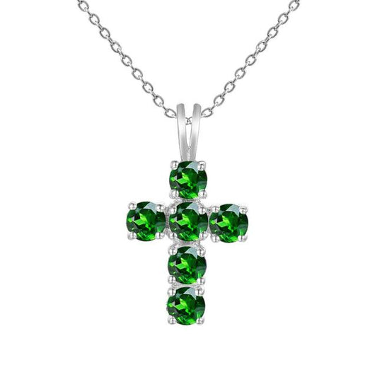 GRACE Round Chrome Diopside Cross Pendant Necklace in Sterling Silver