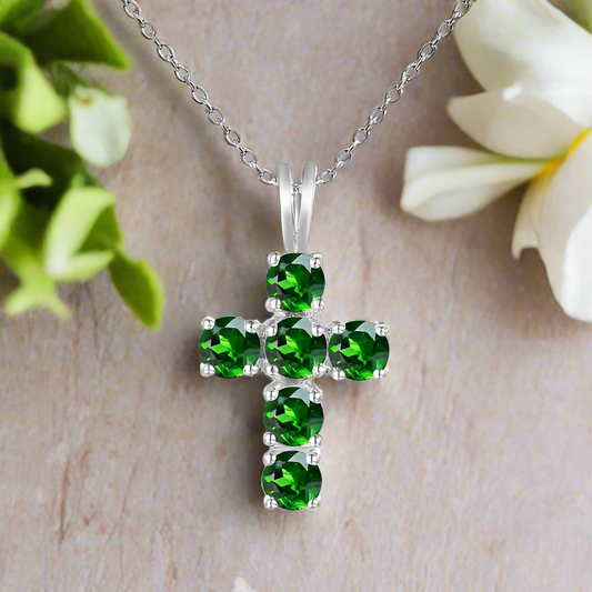 GRACE Round Chrome Diopside Cross Pendant Necklace in Sterling Silver