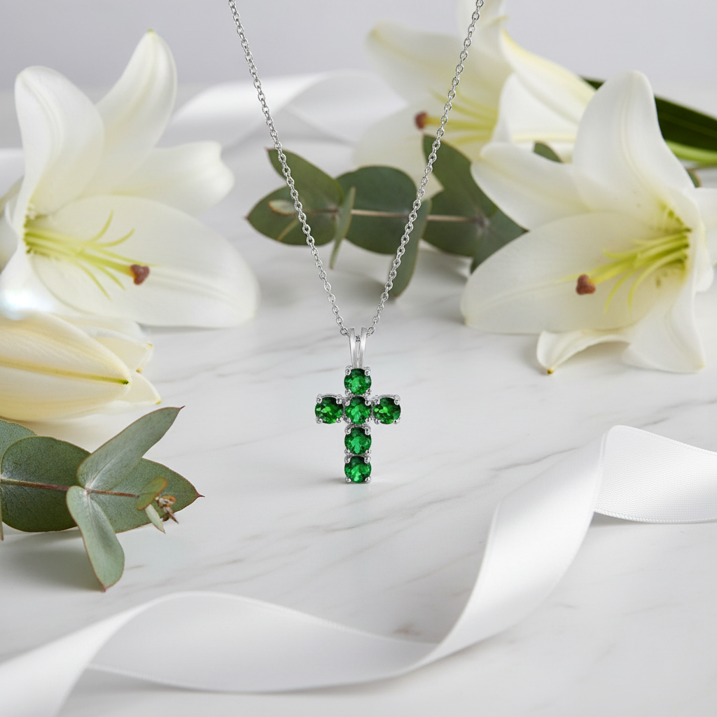 GRACE Round Gemstone Cross Pendant Necklace in Sterling Silver