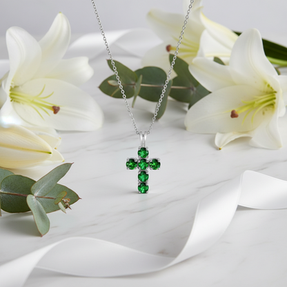 GRACE Round Gemstone Cross Pendant Necklace in Sterling Silver