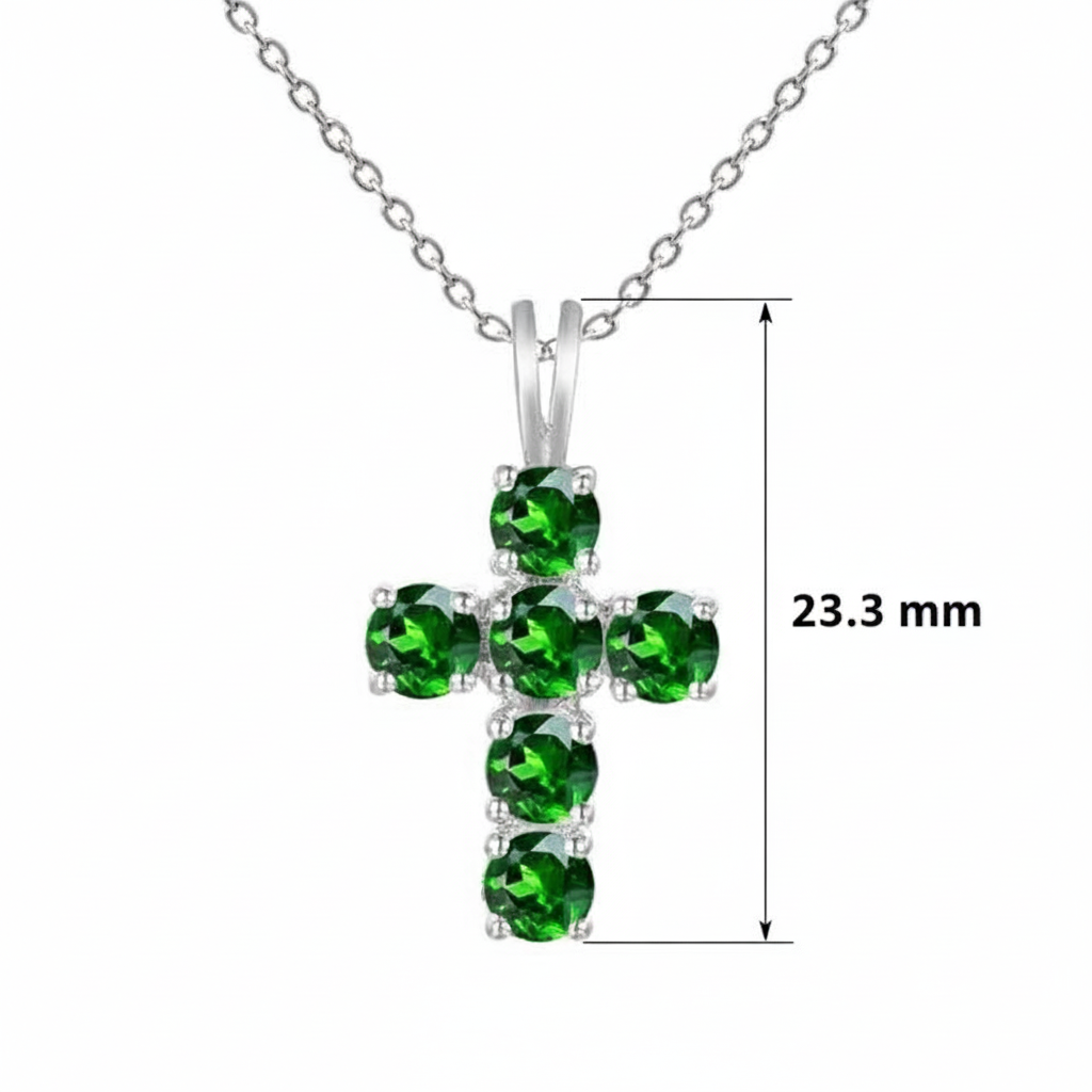 Collier pendentif croix rond en diopside chromé GRACE en argent sterling
