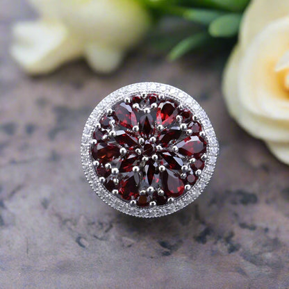 Conjunto de pendientes y anillos con granate rojo GRACE en plata de ley