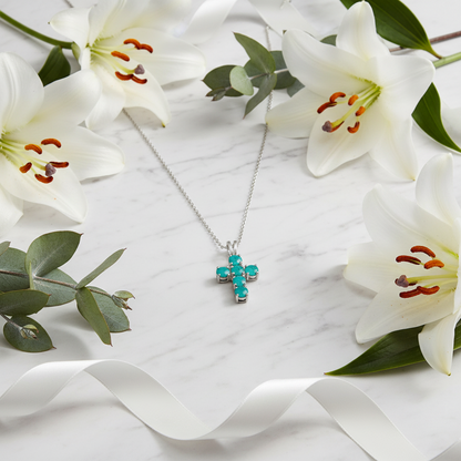 GRACE Round Gemstone Cross Pendant Necklace in Sterling Silver
