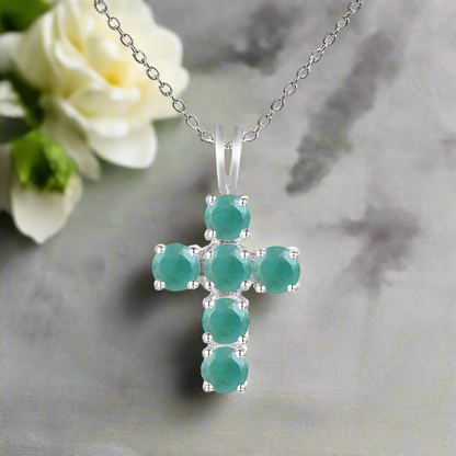 GRACE Round Gemstone Cross Pendant Necklace in Sterling Silver