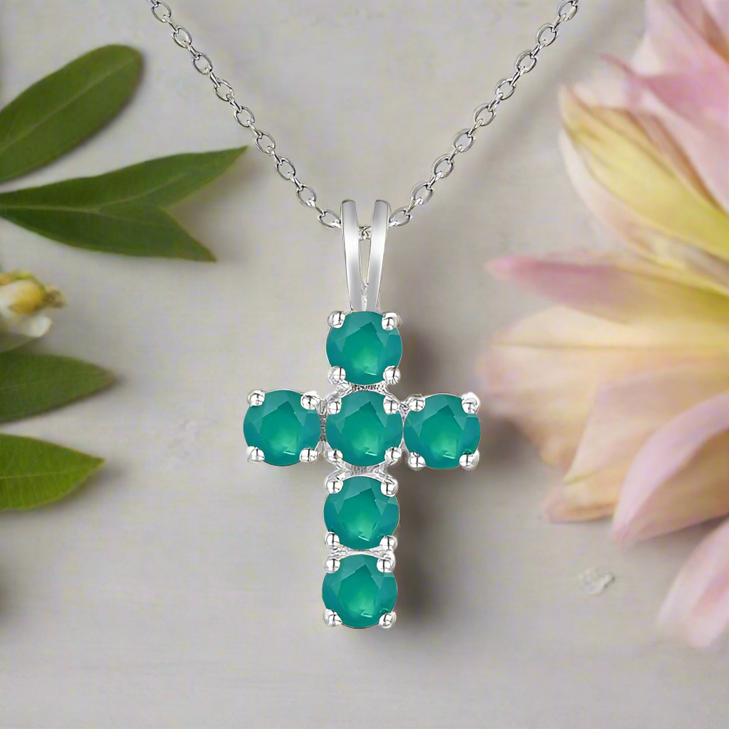 GRACE Round Gemstone Cross Pendant Necklace in Sterling Silver