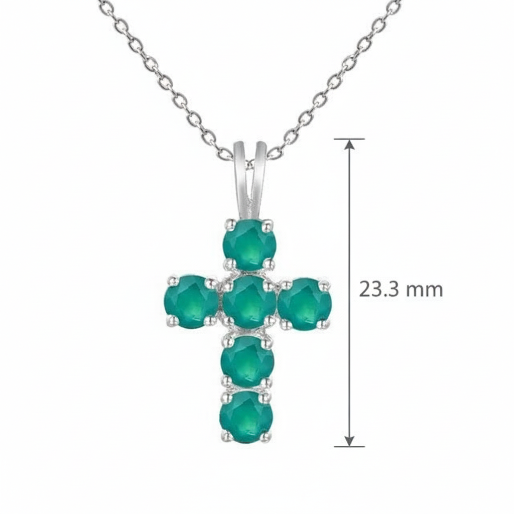 GRACE Round Green Agate Cross Pendant Necklace in Sterling Silver