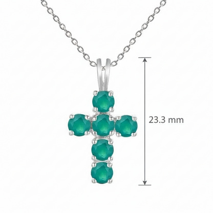GRACE Round Green Agate Cross Pendant Necklace in Sterling Silver